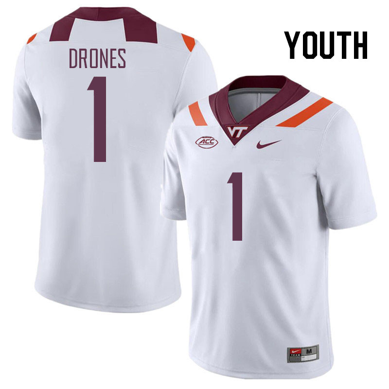 Youth #1 Kyron Drones Virginia Tech Hokies College Football Jerseys Stitched Sale-White